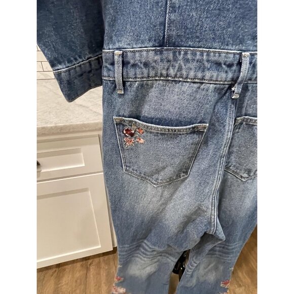Free People Driftwood Jumpsuit Womens Medium NWT Embroidered Denim Wash Flared - Picture 7 of 10